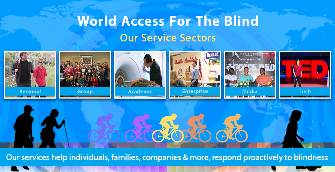 Our Services: Personal, Group, Academic, Enterprise, Media, Tech. Our range of services helps individual families, companies and more to adapt to blindness in a positive way. Personal: Counseling, Guidance and Training based on the evaluated needs of the student. Group: FlashSonar workshops for blind and sighted students/families/instructor trainees. Academic: Advisory consulting services for Auditory & Vision research; School lectures. Enterprise: Accessibility (ADA) consulting, FlashSonar workshops, Keynote Speakers, Employee Learning and Development. Media: Expert consultants for Movies/TV; Keynote Speakers, Guests for Talk TV/Radio. Tech: Consulting services available for testing and evaluating Assistive tech apps and devices.